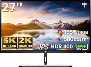 KTC 5K Monitor 27 Inch: Dual Mode 5K (5120x2880) @60Hz / 2K@160Hz Computer Monitor, 99% DCI-P3, 100% sRGB, ΔE＜2, Type-C 65W, HDMI & DP, HDR400, Compatible with Mac mini, H27P3