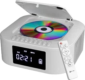 KLIM Boombox E1 Radio with CD Player - Bass Boost with Woofer - FM, MP3, Bluetooth, AUX, USB, Compact Disc - Portable CD Player with Wireless Mode and Rechargeable Battery - with Remote Control - White