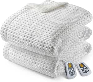 CAROMIO Heated Blanket King Size with LCD Dual Controller, Waffle Weave Fast Heating Electric Blankets, 10 Heat Levels & 1-12H Time Settings, ETL Certified, Machine Washable, Off White, 100" x 90"
