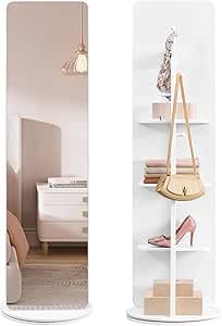 SONGMICS Full Length Mirror, Standing Mirror, 360° Rotating Mirror, 163 x 45 cm, with Base, Shelves and Hooks, Clear Tempered Glass for Bedroom, Living Room, Cloud White LFM036W01