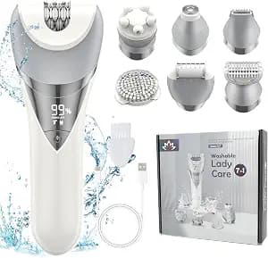 Qreeyx Epilator for Women, 7 in 1 Epilator Hair Removal for Women, Shaver, Bikini, Face Razor, Facial Brush, Face Massage and Body Exfoliator, IPX6 Waterproof Painless Lady Shaver Wet & Dry (White)