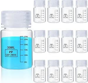 Tatuo 12 Pcs 1oz 30 ml Plastic Sample Bottles with Screw Cap, Liquid Containers with Lid for Lab Reagent Sample Medicine Pill Water Storage, Travel Bottles (Clear,Wide Mouth-Dark Scale)