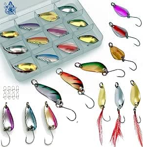 Trout Spoon Trout Bait Spinner Fishing Lure Set in Bait Box, UL Trout Blinker Fishing Set with Single Hook, Artificial Bait Spoons Trout, Spoonbox Indicator Set 2.5 g - 3 g