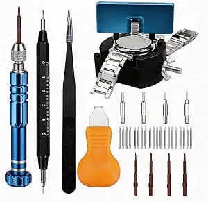 Watch Battery Replacement Tool Kit with Spring Bars, 5-in-1 Precision Screwdriver, Adjustable Back Case Opener, Holder, Pry Tool, Spring Bar Tool with Scale