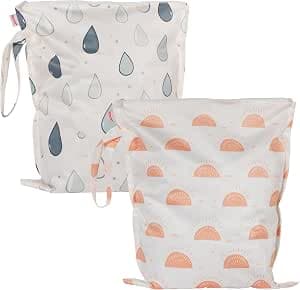 HECCEI Wet Bags, 2Pcs Waterproof Wet Dry Bag Reusable Washable Cloth Diaper Swim Nappy, Swimsuit Bag with Hook Pouch 13x15 Inch Outdoor Organiser Bag for Baby Items Swimming Beach Gym Pool Travel