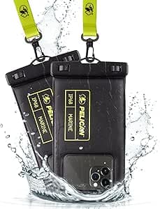 Pelican 2 Pack Marine Waterproof Phone Pouch (Regular) -Black/Hi-Vis Yellow | Touchscreen IP68 Floating Waterproof Phone Case w/Detachable Lanyard - Fits All Phones - Beach Cruise Ship Travel Essentials