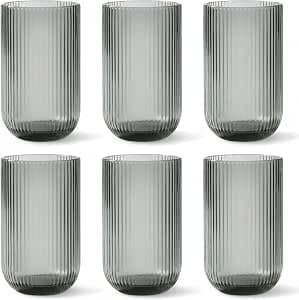 GMMH Set of 6 Ribbed Drinking Glasses and Wine Glasses, Line, Ribbed Line, Ribbed, Glass, Long Drink Glasses, Cocktail Glasses with Embossing, Drinking Glass, Wine Glass, Water Glass (Grey Drinking Glass)