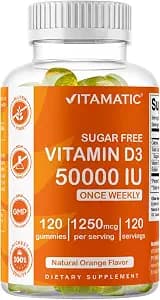 Vitamatic Sugar Free Vitamin D3 50,000 IU Weekly Supplement - 120 Pectin Based Gummies - Vitamin D Capsules for Bones, Teeth, and Immune Support (50000 IU)