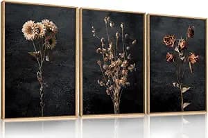 Aryroi Large Moody Dark Floral Framed Canvas Wall Art,Vintage Dried Flowers Wall Decor,Modern Retro Wildflowers Artwork,Mid Century Boho Botanical Art Print For Living Room,Bedroom,Office-16 x24 x3