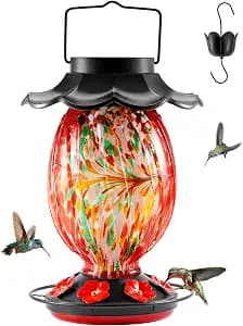 HouseSapp Solar Hummingbird Feeder - 49 fl.oz Hand Blown Glass Color Changing - 7 Feeding Ports with Perch - Never Leak - Perfect Hummingbird Feeder