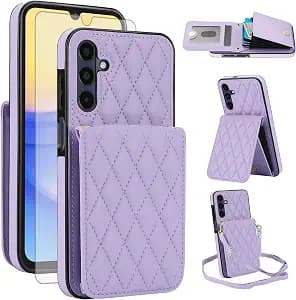 Asuwish Phone Case for Samsung Galaxy A15 5G/4G Wallet Cover with Tempered Glass Screen Protector Credit Slot Card Holder Crossbody Strap Stand RFID Blocking A 15 G5 15A Women Men Girls Purple