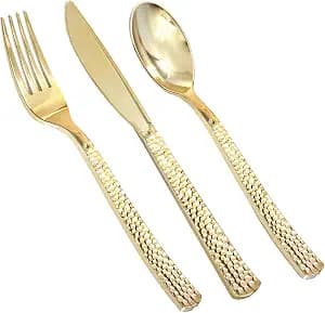 Supernal 360pcs Plastic Gold Silverware,Cutlery,Disposable Utensils,120 Plastic Knives,120 Gold Forks,120 Disposable Spoons,Perfect for Birthday,Party,Wedding