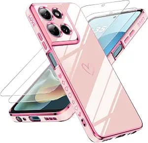 LeYi for Motorola Moto-G-2025 Case: Moto G 2025 Phone Case with [2 Pcs] Glass Screen Protector+Camera Lens Protection, Love Heart Plating Girly Women Luxury Soft TPU Shockproof Motog 2025 Case, Pink