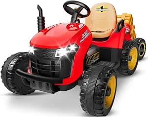 24V Ride On Tractor w/Tiltable & Detachable Trailer, 2x65W Motors, EVA Tires, Remote Control, Bluetooth, Shifter, Music, Electric Car for Kids (Red)