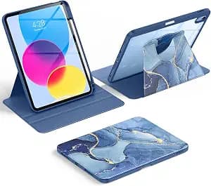 Soke Rotating Case for iPad (A16) 11th Generation 2025, iPad 10th Gen 2022 with Pencil Holder, [Shockproof + Auto Sleep/Wake] 360 Degree Rotation Clear Back for iPad 11"/10.9", Ocean Marble