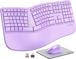 MEETION Ergonomic Wireless Keyboard and Mouse, Curved Keyboard with Vertical Mouse, Split Ergo Keyboard with Wrist Rest, Natural Typing Rechargeable Full Size, Windows/Mac/PC/Laptop, Purple