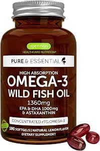 Igennus Ultra Pure Omega 3 Triglyceride rTG Wild Fish Oil 1360mg, IFOS Certified, EPA DHA 1000mg Plus Astaxanthin, Non-GMO, for Men & Women, 180 Softgels