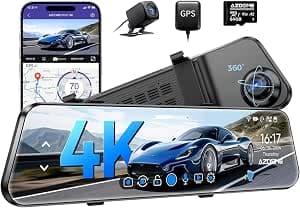 AZDOME PG17 2CH Mirror Dash Cam 4K - 12" Touch Screen - 24H Parking Mode - Mirror Dash Cam - Minimize Blind Spots - Built-in GPS & WiFi - Reverse Assist - Supports Voice Command