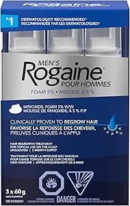 Rogaine Men's Hair Regrowth Treatment with 5% Minoxidil Foam - Clinically Tested for Male Pattern Baldness - 3-Month Supply, Quick-Dry Formula, 3x 60g Canisters