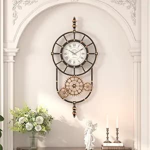 Large Industrial Steampunk Decor Vintage Wall Clock, Antique Gold Black Metal Wall Clocks for Living Room Farmhouse (23" H x 14" W)