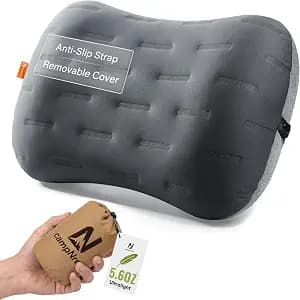 Inflatable Camping Pillow - Ultralight Compact Air Pillow for Travel, Backpacking & Hiking - Ergonomic Neck & Lumbar Support - Portable Inflatable Pillow with Removable Washable Cover - (Grey)