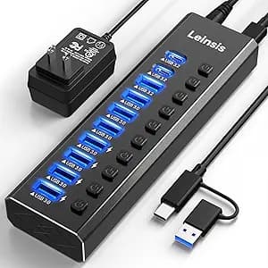 Powered USB Hub 3.2, LEINSIS 10-Port USB 3.2/USB C Hub (10Gbps USB-A 3.2 +2 USB-C 3.2 +7 USB 3.0 Ports) with Individual On/Off Switches and 12V Power Adapter, Aluminum USB Hub Powered for Laptop PC