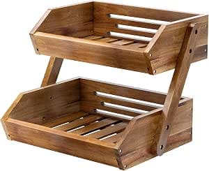 G.a HOMEFAVOR Fruit Stand 2-Tier Fruit Bowl Acacia Wood Tiers Fruit Basket Vegetable Basket Fruit Vegetable Storage Fruit Rack Kitchen