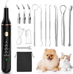 Ultrasonic Tartar Remover Teeth Cleaning for Dogs, 14-Piece Set Toothbrush Tooth Cleaning Set Dogs Tartar Remove Yourself, Electric Tooth Cleaner with 5 Modes/LED Light (Black)