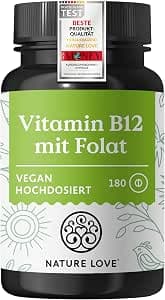 NATURE LOVE® Vitamin B12 vegan – 500 µg per daily dose – 180 tablets – both active forms adenosylcobalamin & methylcobalamin + depot + folate 5-MTHF from Quatrefolic® - high dose & laboratory tested