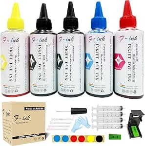 F-Ink 5 Bottles Ink and Ink Refill Kits Compatible with Hp Inkjet Ink Cartridges 67XL 662XL 664XL 60XL 61XL 62XL 63XL 64XL 65XL 92XL 94XL 901XL-Ink Tools for Reuse The Cartridge