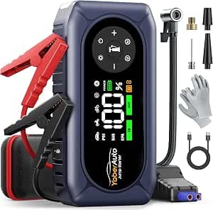 YaberAuto Jump Starter Power Bank with Compressor, 150 PSI 4500 A Car Jump Starter Power Bank, Car Jump Starter for 9.0 L Petrol and 8.0 L Diesel, Jump Starter with 500 Lumen Multifunctional Light and LCD Display