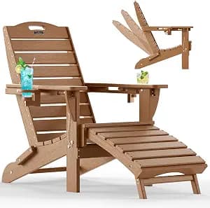 Ciokea Folding Adirondack Chair with Retractable Ottoman Fire Pit Patio Chair with Pull Out Foot Rest Weather Resistant Lawn Outdoor Lounge Chair with 2 Cup Holder (Teak)