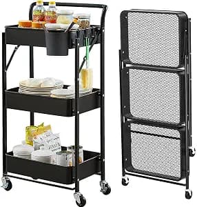 Foldable Rolling Cart 3 Tier Utility Storage Cart No Assembly Metal Heavy Duty Kitchen Carts Folding on Wheels Trolley Organizer Cart with Cup and Hooks for Office/Classroom/Dorm(Black)