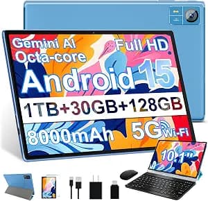 Android 15 Tablet 30GB RAM 128GB ROM 1TB Expand, 10.1 Inch Tablets with Keyboard Mouse, Octa-Core, 8000mAh, HD IPS Display, 5G WiFi BT 5.0 GPS, Widevine L1, Gemini AI, Dual Camera - Blue