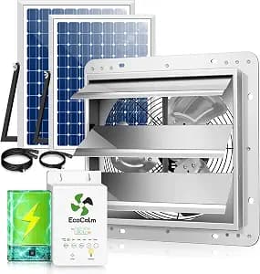 12" Solar Exhaust Fan for Greenhouse with Battery and Adjustable Thermostat, Attic Fans for Garage and Shed with 2PCS 30W Bifacial Solar Panels