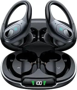 occiam Active Noise Cancelling Earbuds Wireless Bluetooth Headphones Ear Buds 90Hrs Playback Stereo Bass Earphones with Mic Over-Ear Hooks IPX7 Waterproof Headset for Work Sports Running Gym Black