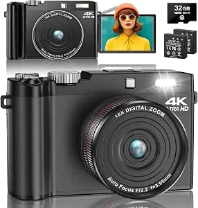 Digital Camera - 4K 64MP Vlogging Camera One-Touch Macro - Autofocus Camera Photo & 2.8” Flip Screen. 18X Zoom appareil Photo for Beginners & Adults. Includes 32GB SD Card & 2 Batterie