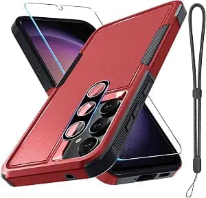 RMOCR Case for Samsung Galaxy A36/A56, Full Body Heavy Duty Rugged Shockproof Protective Phone Cover with Lanyard Strap, Tempered Glass Screen Protector and Camera Lens Cover, Red