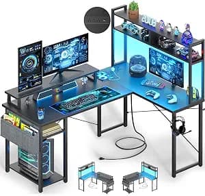 Small L Shaped Desk Gaming Desk with Power Outlets, 48" Reversible L Shaped Computer Desk with Monitor Stand & Storage Shelf, Corner Gamer Desk Home Office Desk with Storage Bag, Black