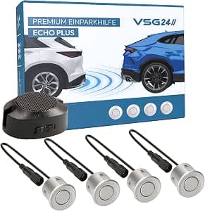 VSG 24 Premium Rear Parking Aid for Retrofitting to the Car, PDC Rear Parking Sensors with Plug-In System for Easiest Installation, Reversing Alarm with Speaker and 4 Sensors, Silver