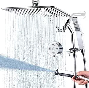 G-Promise All Metal 14 Inches Rain Shower Head with Handheld Built-in Power Wash Mode, 3-way Shower Diverter with Pause Setting, 11 Inches Adjustable Extension Arm, Long Hose (Chrome, 14 Inches)