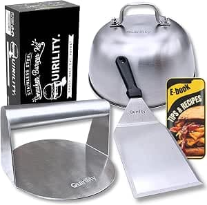Burger Press Kit (PRO) – Smash Burger Press Stainless Steel 304. Smash Burger Kit with Burger Smasher + Smash Burger Spatula + Cheese Melting Dome. Meat Press & Griddle Accesories