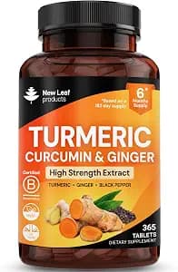 Turmeric Tablets - High Strength Extract with Black Pepper & Ginger (365 Tablets) Active 95% Turmeric Curcumin Supplements, Vegan, GMP, GMO Free Gluten Free, UK Made by New Leaf