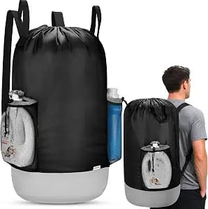 Large Heavy Duty Backpack Laundry Bag with Shoulder Straps & 2 Mesh Pockets | Clothes Hamper Bag, 29" H × 15" Dia, Waterproof 900D Oxford Fabric Body & Double-Layer Nylon Base, for College Dorm Apartment
