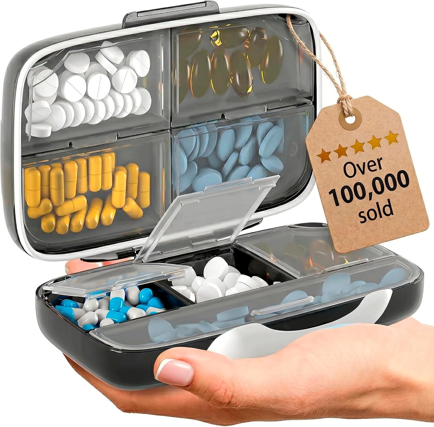 Travel Pill Organizer - Airtight Medicine Case for Traveling Portable Pharmacy Box with Labels Vitamin Container 8 Compartment Supplement Medication Holder Large Capacity Daily (Black)