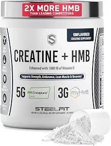 SteelFit Creatine HMB Powder - 5g Creapure Creatine Monohydrate Powder, 3g myHMB & 1000 IU Vitamin D - Workout Supplement Supports Muscle Growth, Strength, Recovery & Energy - Unflavored, 30 Servings