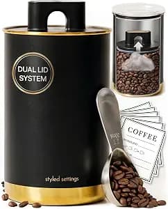 Vacuum Coffee Canister with Airtight Lid – Patented Dual Airtight Coffee Canister with Scoop, Coffee Bean Storage Container or Grounds Container, Storage Container - Black and Gold Kitchen Accessories