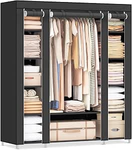 SONGMICS Wardrobe Fabric Cabinet with Clothes Rail and Shelves, Sofa Cover, for Bedroom, Dressing Room, 150 x 45 x 175 cm, Black LSF03H
