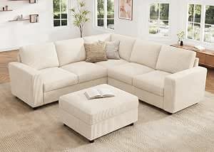 HONBAY Corduroy Sectional Couch with Storage L-Shaped Sectional Couches for Living Room 6 Seater Sectional Sofa, Beige