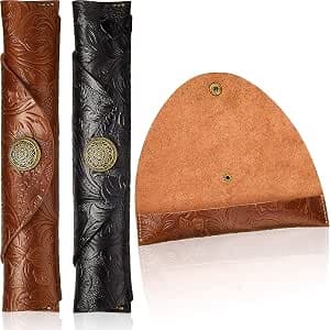 Zonon 2 Pieces Vintage Handmade Leather Pen Case Carved Roll Leather Pen Holder for School Home Office, Brown and Black